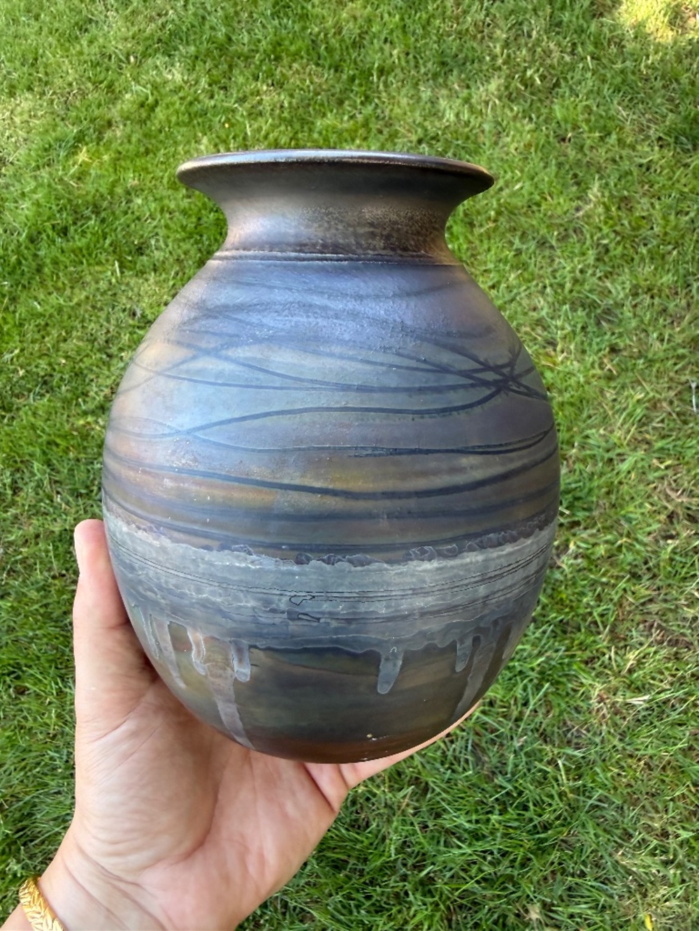 Vintage Crutchfield Signed Art Pottery Vase Black Lines Drip Ceramic Studio 7”.